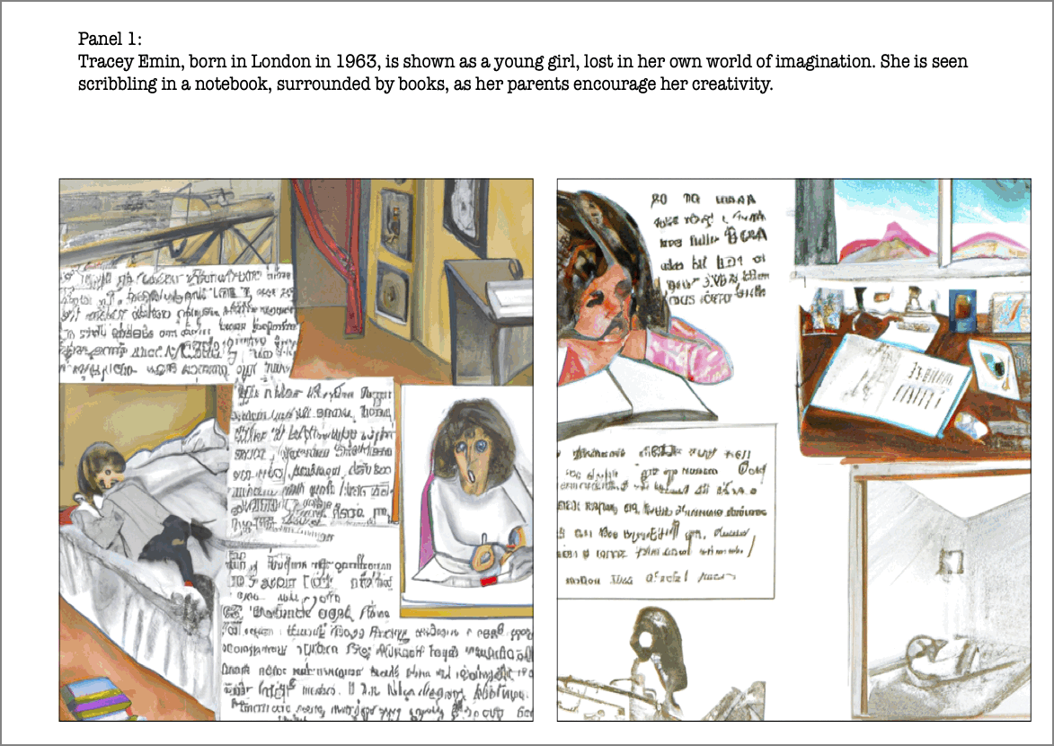 An eight-frame animation. Each frame has a brief description of a period in the life of Tracey Emin, and two images illustrating this text.