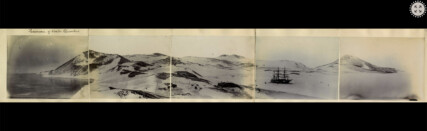 Five archive photographs side by side depicting a panorama of beauty and isolation in the antarctic environment. The Discovery is situated in the sea ice on the right.
