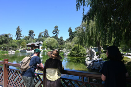 View across the lake in the Chinese Garden at The Huntington. There are three people looking over the rail with their backs to the camera.