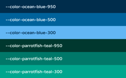 A listing of colours used on the site with each row's background being one of the colours. They go from a deep blue up to a light teal colour.