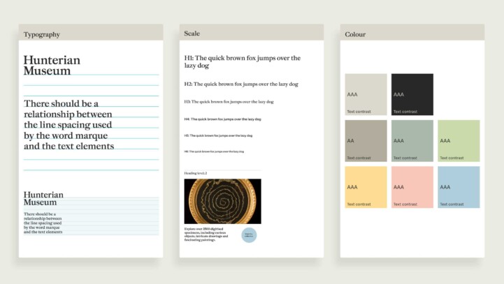 Three examples from the Hunterian Museum style guide. They show text and colour combinations.