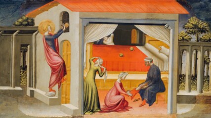 The painting titled Saint Nicholas Providing Dowries by Bicci di Lorenzo depicting what looks like Saint Nicholas trying to access a building through a window (he is in fact shown throwing three balls of gold through a window, providing the dowry of three poverty-stricken maidens).