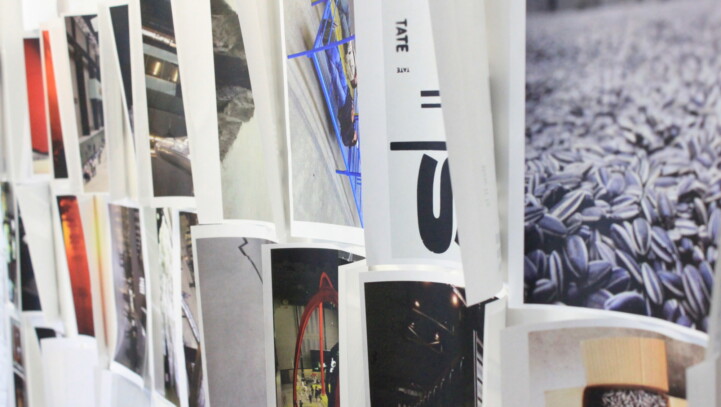 Lots of print-outs pinned to a wall in the Cogapp studio. They depict installations that were part of the Unilever Series of Turbine Hall exhibitions.