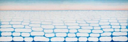 abstract painting composed in the bottom three quarters of blue background with rows of white rounded and somewhat irregular rectangular shapes. the top quarter is soft pink and white and fades back into a light blue at the very top of the image