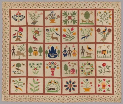 Quilt of squares on a beige base, each with a unique flower or small scene with dark-skinned figures and animals.
