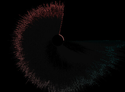 Fine particles radiate out from a central point, concentrated mostly at the edges, coloured in a gradient from blue to red