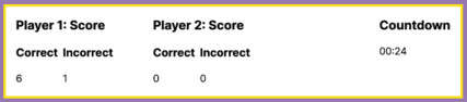 A score tracking component showing the number of correct and incorrect answers for Player 1 and Player 2 and the count down timer (with 24 seconds left)