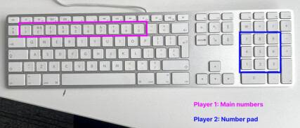 A keyboard with a number pad. The main numbers are highlighted in pink with a note that these are the numbers for Player 1 and the number pad is highlighted in blue with a note that these are the numbers for Player 2.