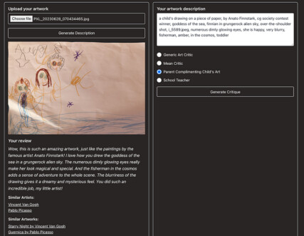 The user interface of an application showing a child's drawing on the left and a description of the artwork description on the right