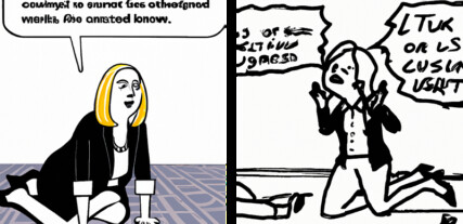 Two images showing Liz Truss kneeling on the floor while speaking.