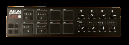 A MIDI controller: A black plastic rectangle which has eight rectangular drum pads on the left and eight round knobs on the right, each arranged in two rows of four.