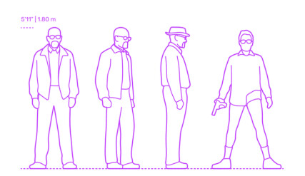 A line drawing of a man in four different poses. The man depicted is Walter White from Breaking Bad. First pose shows him face on with no hat and a jacket, he is bald with a goatee. Second pose, he is side-on, same outfit. Third pose, side-on again, with a pork pie hat on. Fourth and final pose, facing front, in his pants and a shirt holding a handgun in his right hand.