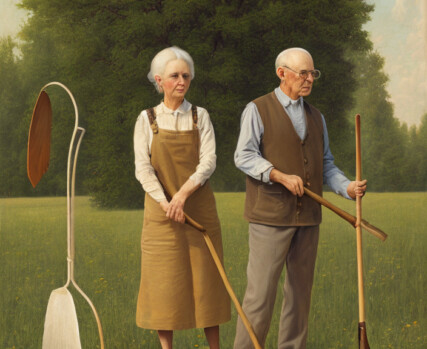 ai generated recreation of the painting American Gothic. An elderly woman with white hair wearing a brown apron standing next to an elderly man wearing a brown vest over a blue shirt standing on a green lawn with trees in the background. They are holding and are surrounded by what looks like wooden tools but cannot be identified to match any tools in real existence.