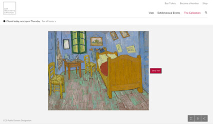 screenshot of a page on the website of the Art Institute of Chicago showing van Gogh’s painting of his bedroom. Next to the image is a red button that reads “altify me”