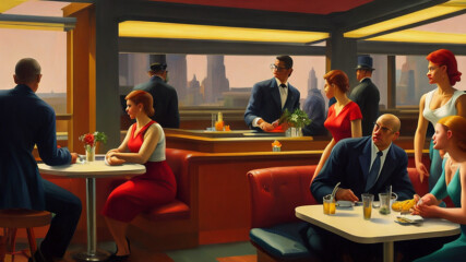 painting of a scene in a diner with red furniture and a cityscape visible through the windows in the background. There are two women in red dresses and four men in dark blue suits. Some of the figures are seated, others upright. One of the men is tending the bar. some of the arms end without a proper hand. The faces look very strange— human from far but weirdly distorted on closer inspection.