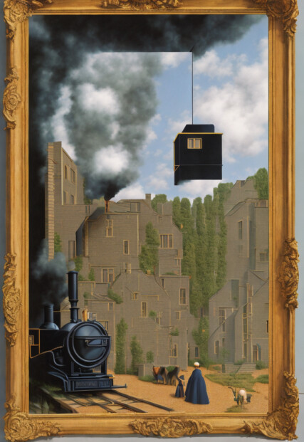 surrealist painting with a black locomotive with black smoke coming out of it in the bottom left corner of the image. large grey houses and green trees in the background. from the top black box with a window appears to be suspended from somewhere.