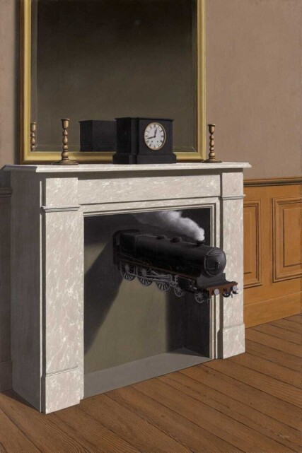 Surrealist painting of miniature train exiting fireplace mid-air, large mirror over mantle