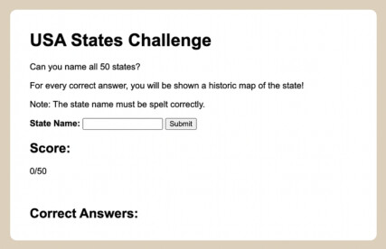 The USA States Challenge UI, with an input for users to type a state name