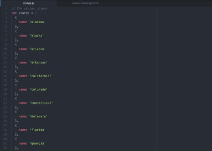 An JavaScript object containing all 50 state names