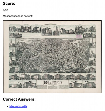 The US States Challenge UI showing that ‘Massachusetts’ is a correct answer and displaying a relevant map