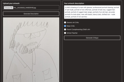 The user interface of an application showing a pencil drawing on the left and a description of the artwork on the right