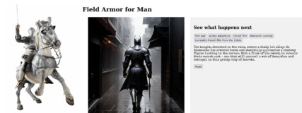 Field Armor for Man, which is a knight on horseback holding a sword in the air next to a screenshot of the user interface of an application showing an AI generated image of Field Armor for Man and a written AI prediction of "What happens next"