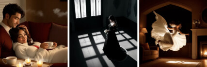 An AI-generated triptych of images. A smiling woman and man sitting on a coach drinking tea. A woman dressed in black standing alone in a dark room holding white flowers. A woman dressed in white and suspended in mid air in a cozy living room.