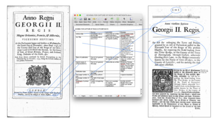 Photocopies of two pages of text with arrows linking various parts of the text to data in a spreadsheet