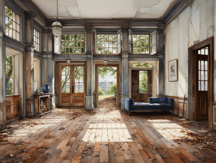 A large room with high ceilings and lots of windows. The plaster is cracking on the walls and leaves have been blown in from outside and are scattered over the floor. There is a blue sofa in the corner.