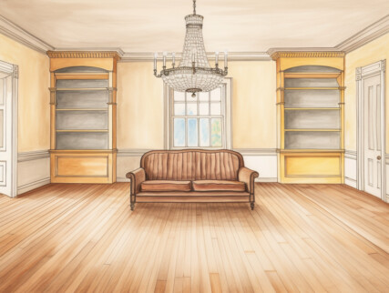 A large, bright room with high ceilings. There is a wooden floor and the walls are painted yellow. There are two book cases, a large window, a brown sofa and an ornate chandelier hanging from the ceiling.