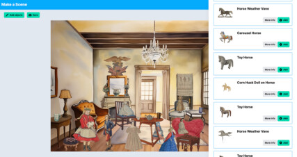 The user interface of the Make a Scene application. The base image is shown on the left and on the right there is a list of objects you can add and position on the image.