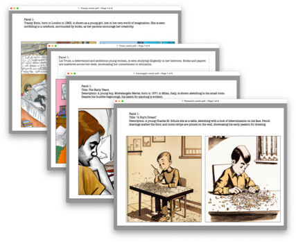 The first panel from four biomics are shown — in each case the text shows a child enthusiastically pursuing the career for which their adult self is famous.