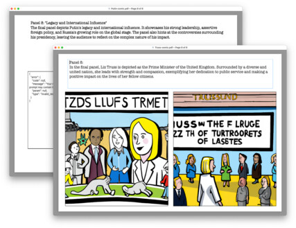 The final panels from the biomics of Vladimir Putin and Liz Truss. In both cases the text celebrates their achievements, and doesn’t suggest how they are widely regarded.