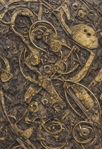 closeup of an object with a flat surface consisting of what looks like brown leather and interwoven with densly laid-out antique golden metalwork resembling locks or a clockwork