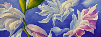 pink and white flowers with green leaves painted on dark blue background