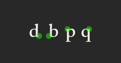 Light colour cream text on dark grey background, with green circles highlighting distinguishing features of the letters: ‘d’ ‘b’ ‘p’ ‘q’.