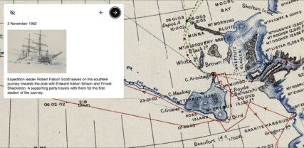 Close-up of a map of the antarctic displaying an annotation describing the start of the Southern Journey