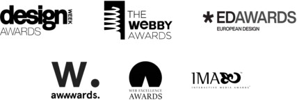 Logos of some of the awards we have won. These include the Webbys, European Design Awards, Design Week Awards, Best of the Web Awards, Interactive Media Awards, and Web Excellence Awards.
